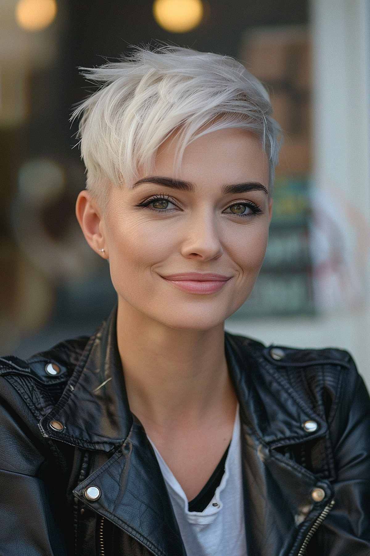 Close-up of a woman with a platinum blonde feathered pixie cut, designed to enhance thin hair with added texture and volume, styled casually.