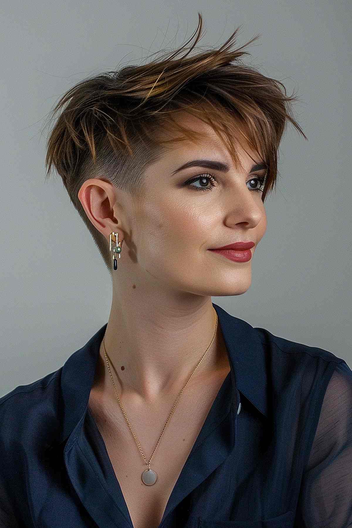 Young woman with a stylish undercut feathered pixie haircut, featuring longer, textured layers on top and shaven sides, accentuated with subtle highlights.