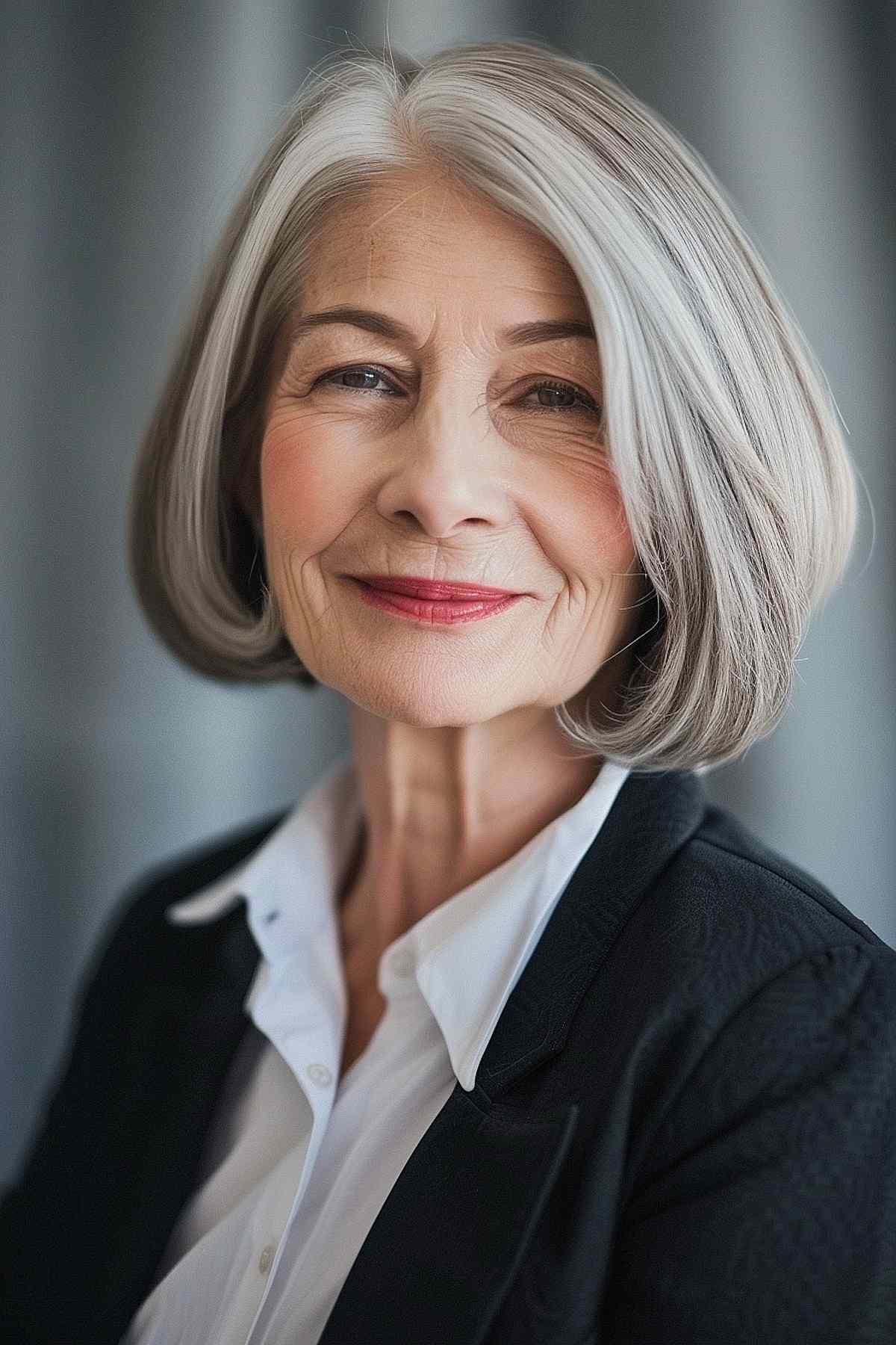 Shoulder-length bob with a slight inward curve and silvery-gray color, ideal for fine to medium hair.