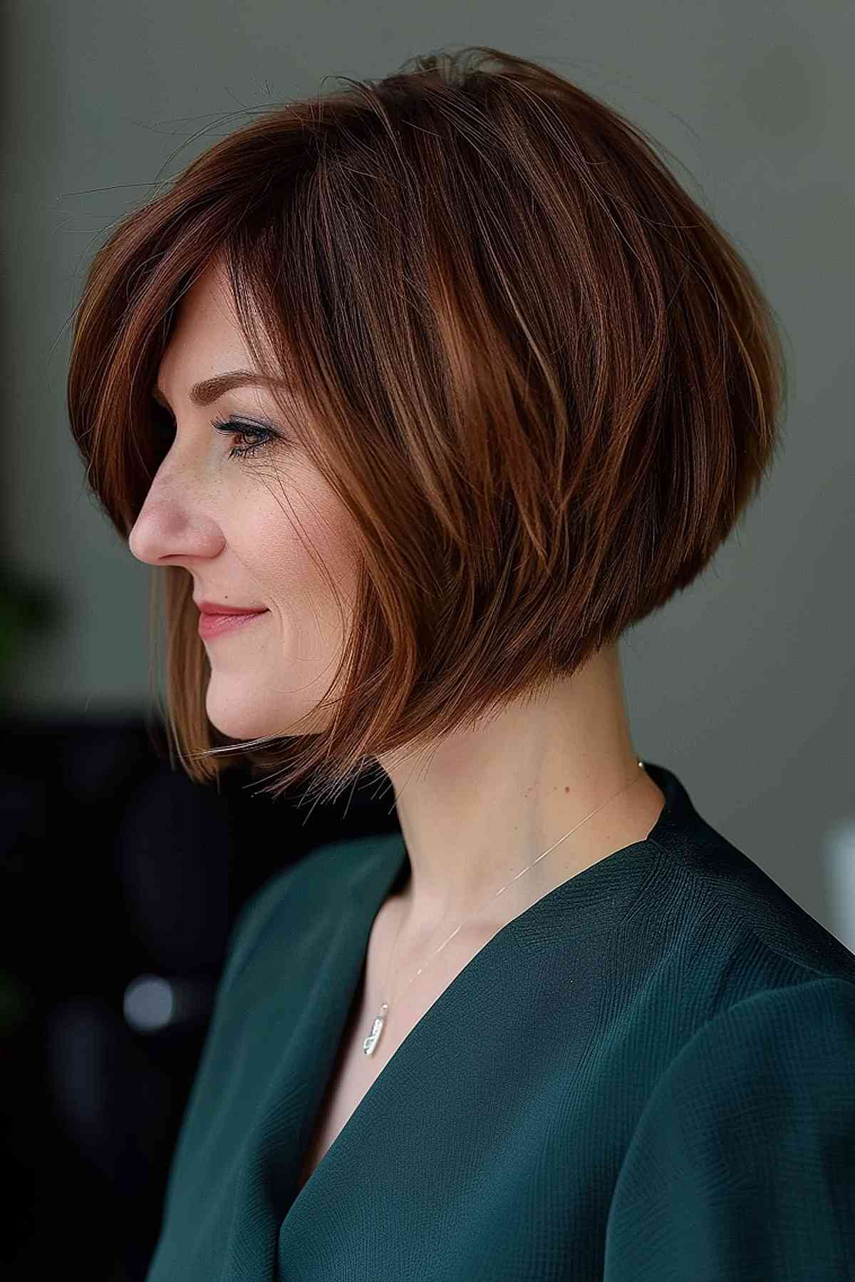 Layered bob haircut with a mix of shorter and longer layers in warm brown, ideal for fine to medium hair.