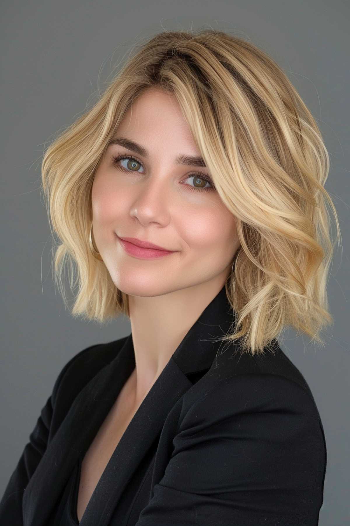 Voluminous blonde bob with soft waves and light blonde color, ideal for fine to medium hair.