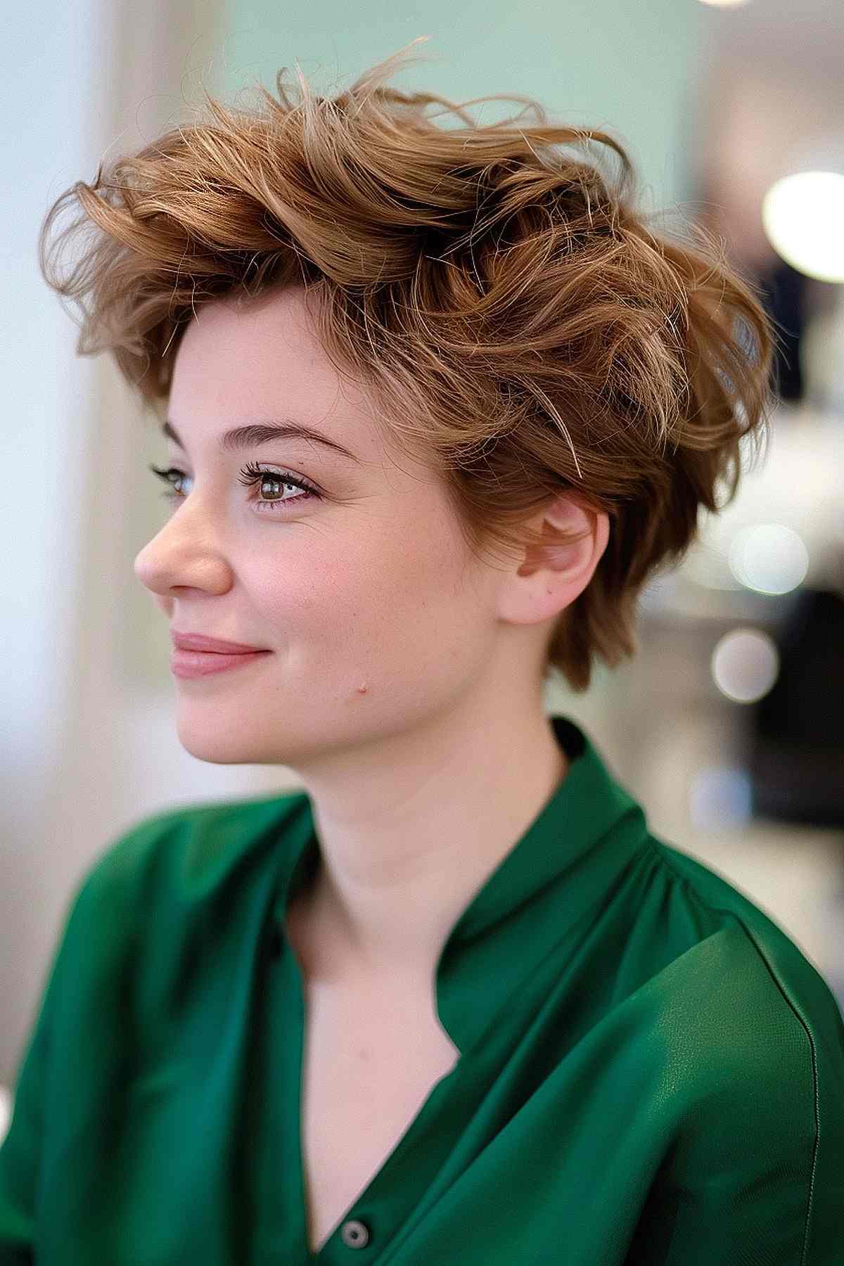 Young woman with a voluminous feathered pixie cut in caramel highlights, styled in a tousled manner to enhance the natural fullness of her thick hair.